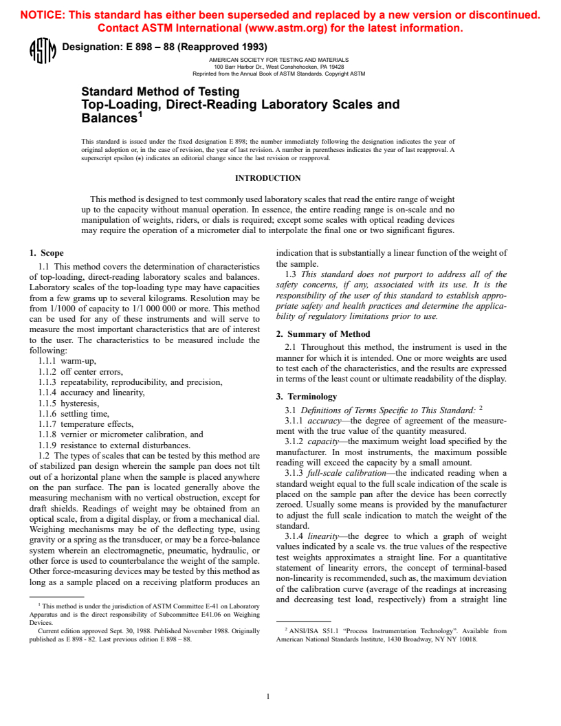 ASTM E898-88(1993) - Standard Method of Testing Top-Loading, Direct-Reading Laboratory Scales and Balances