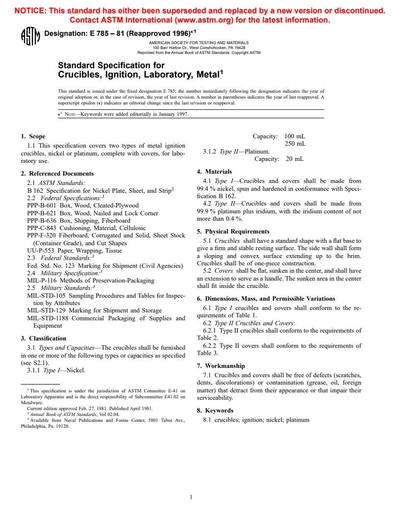 ASTM E785-81(1996)e1 - Standard Specification for Crucibles, Ignition, Laboratory, Metal