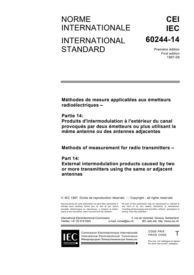 IEC 60244-14:1997 - Methods of measurement for radio transmitters - Part 14: External intermodulation products caused by two or more transmitters using the same or adjacent antennas