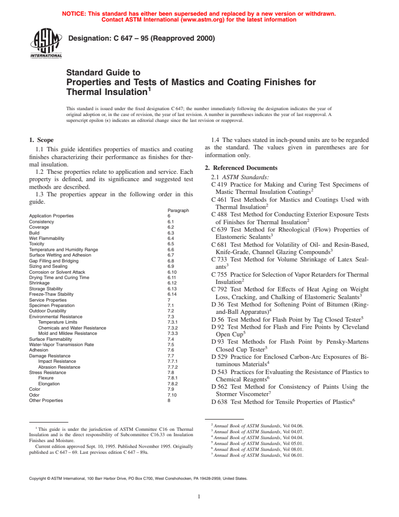 ASTM C647-95(2000) - Standard Guide to Properties and Tests of Mastics and Coating Finishes for Thermal Insulation