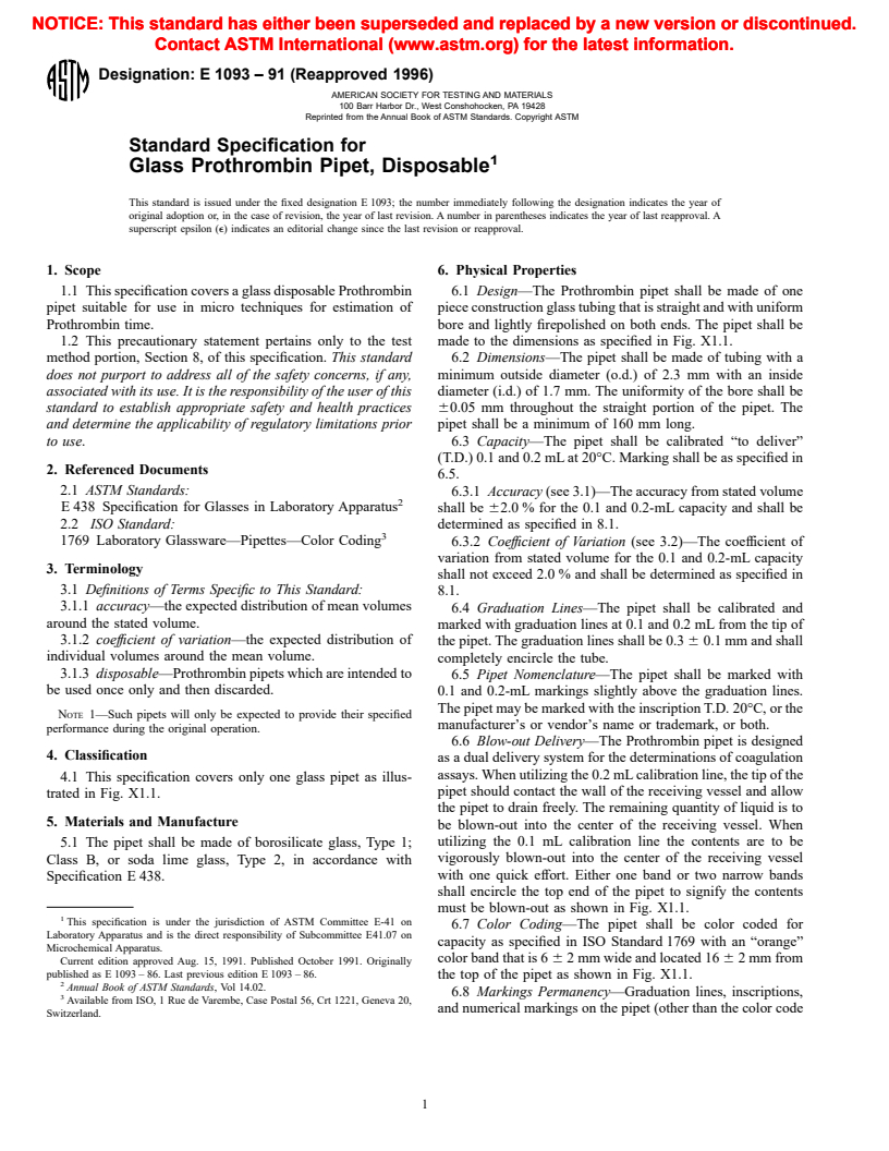 ASTM E1093-91(1996) - Standard Specification for Glass Prothrombin Pipet, Disposable