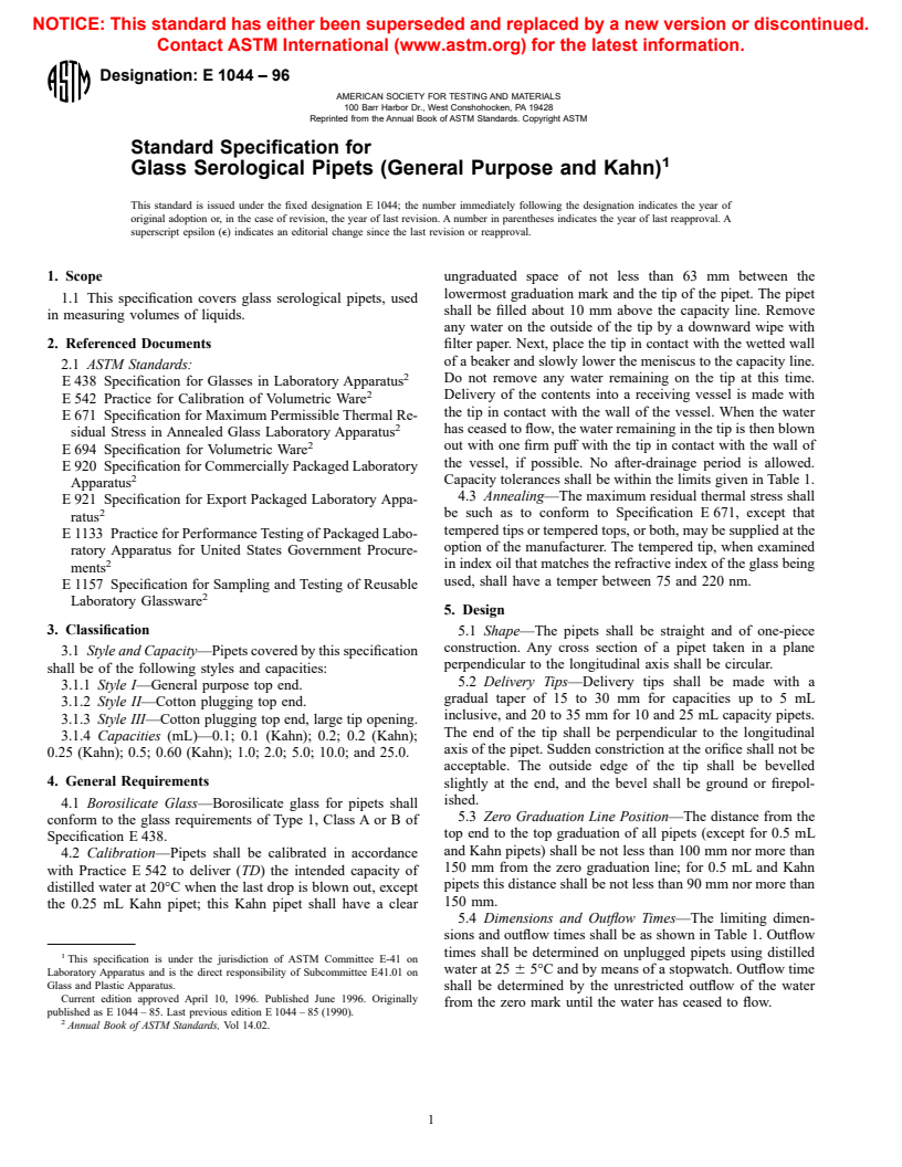 ASTM E1044-96 - Standard Specification for Glass Serological Pipets (General Purpose and Kahn)