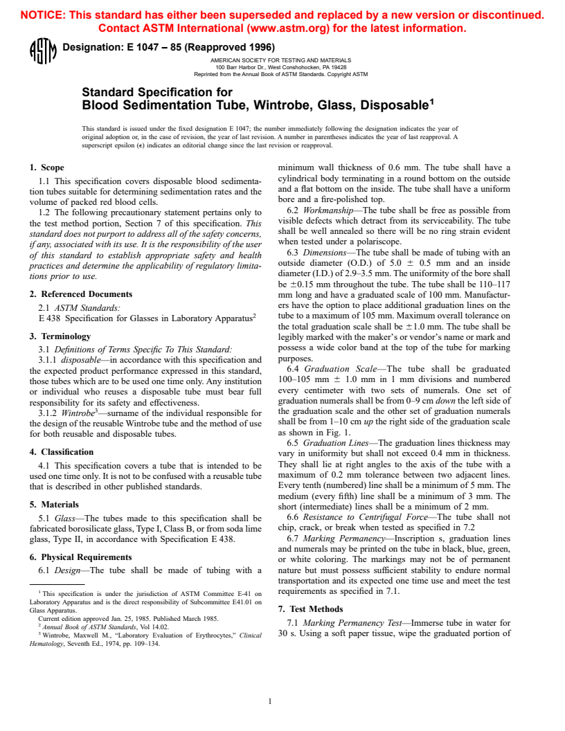 ASTM E1047-85(1996) - Standard Specification for Blood Sedimentation Tube, Wintrobe, Glass, Disposable