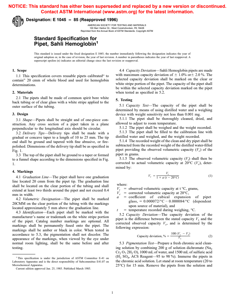 ASTM E1045-85(1996) - Standard Specification for Pipet, Sahli Hemoglobin