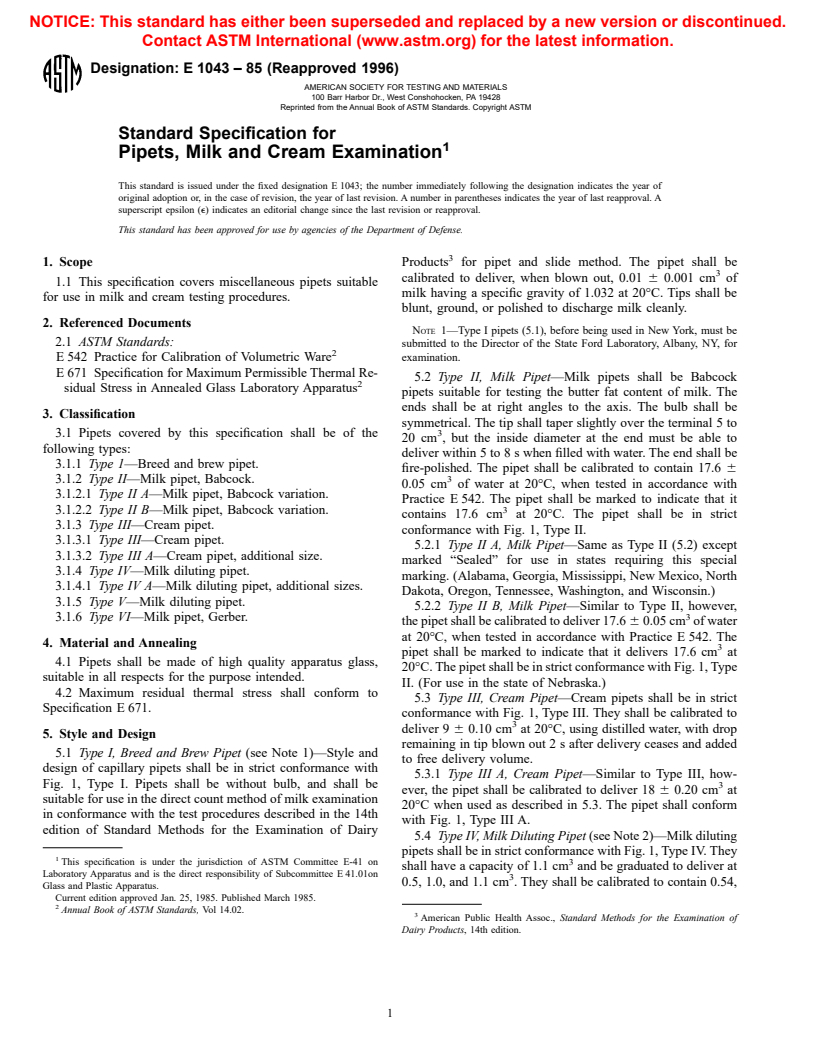 ASTM E1043-85(1996) - Standard Specification for Pipets, Milk and Cream Examination