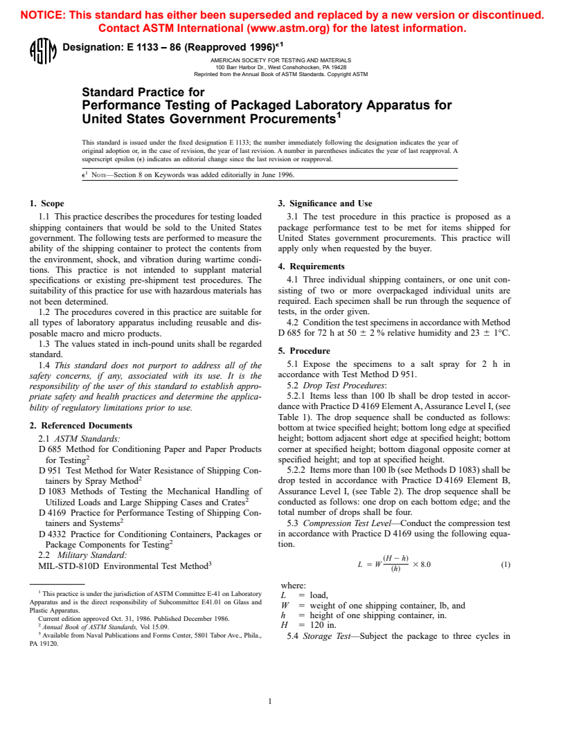 ASTM E1133-86(1996)e1 - Standard Practice for Performance Testing of Packaged Laboratory Apparatus for United States Government Procurements