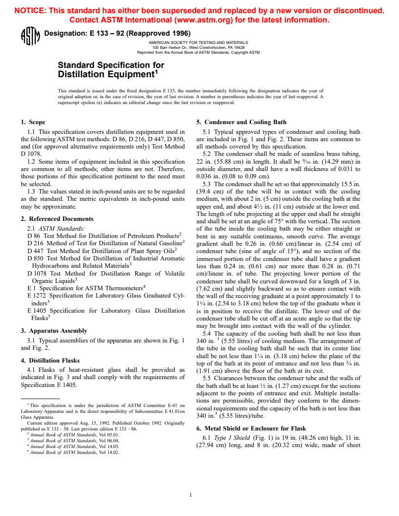 ASTM E133-92(1996) - Standard Specification for Distillation Equipment