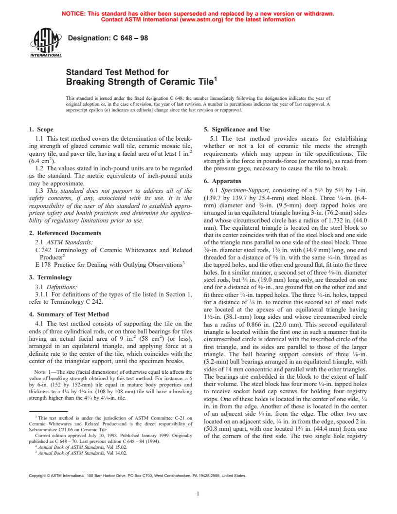 ASTM C648-98 - Standard Test Method for Breaking Strength of Ceramic Tile