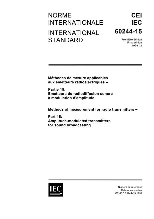 IEC 60244-15:1999 - Methods of measurement for radio transmitters - Part 15: Amplitude-modulated transmitters for sound broadcasting