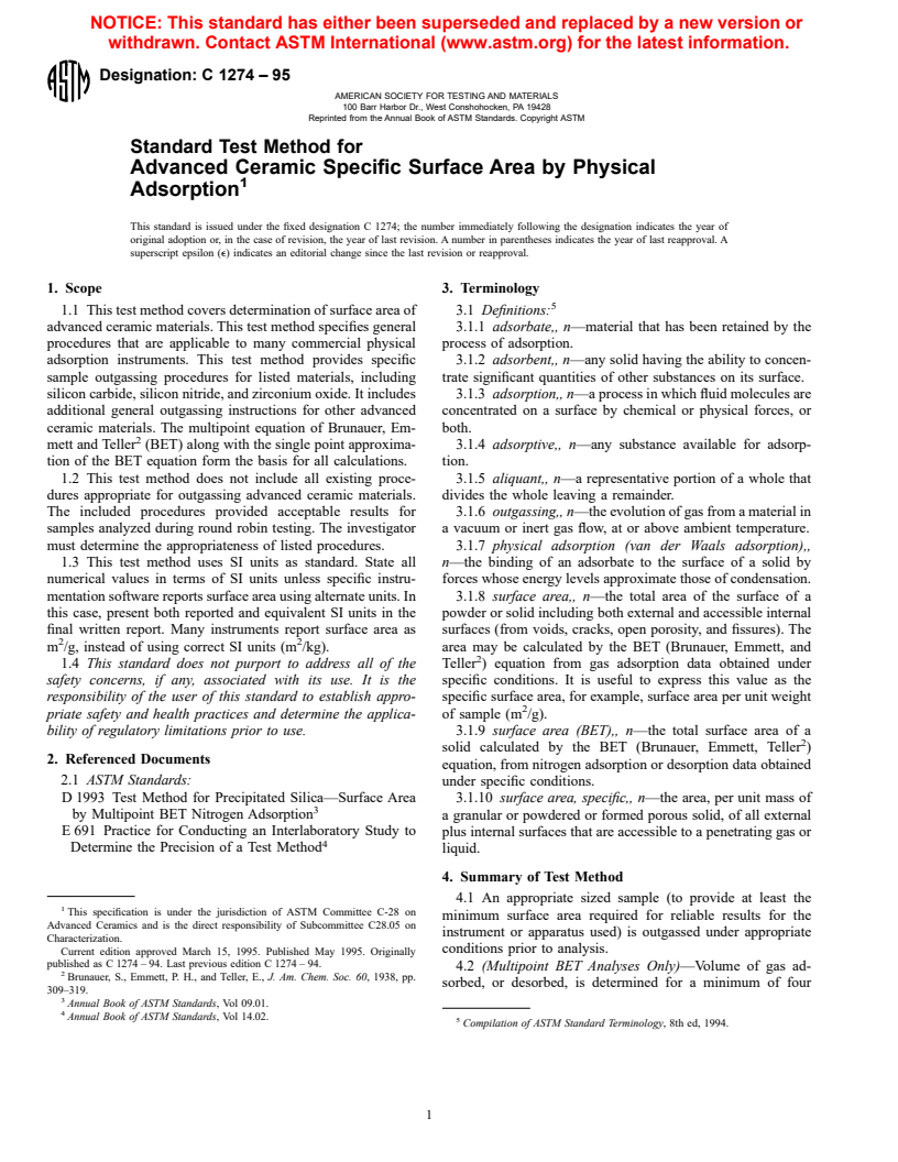 ASTM C1274-95 - Standard Test Method for Advanced Ceramic Specific Surface Area by Physical Adsorption