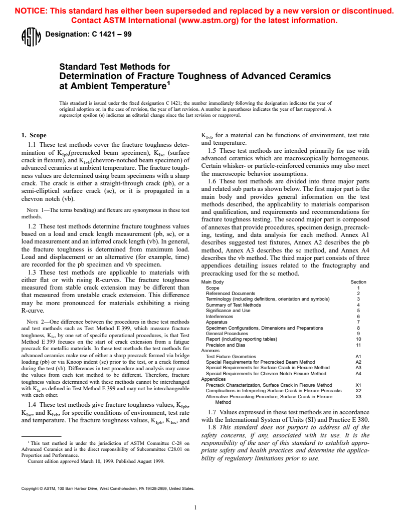 ASTM C1421-99 - Standard Test Methods for Determination of Fracture Toughness of Advanced Ceramics at Ambient Temperatures