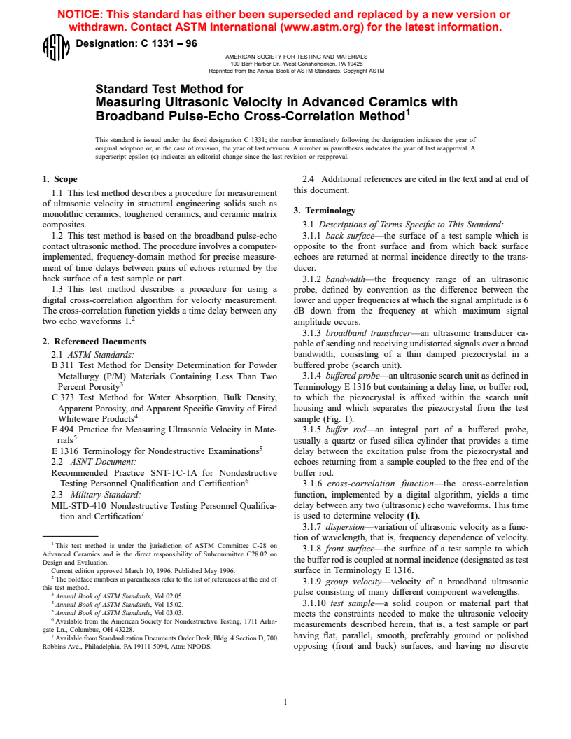 ASTM C1331-96 - Standard Test Method for Measuring Ultrasonic Velocity in Advanced Ceramics with Broadband Pulse-Echo Cross-Correlation Method