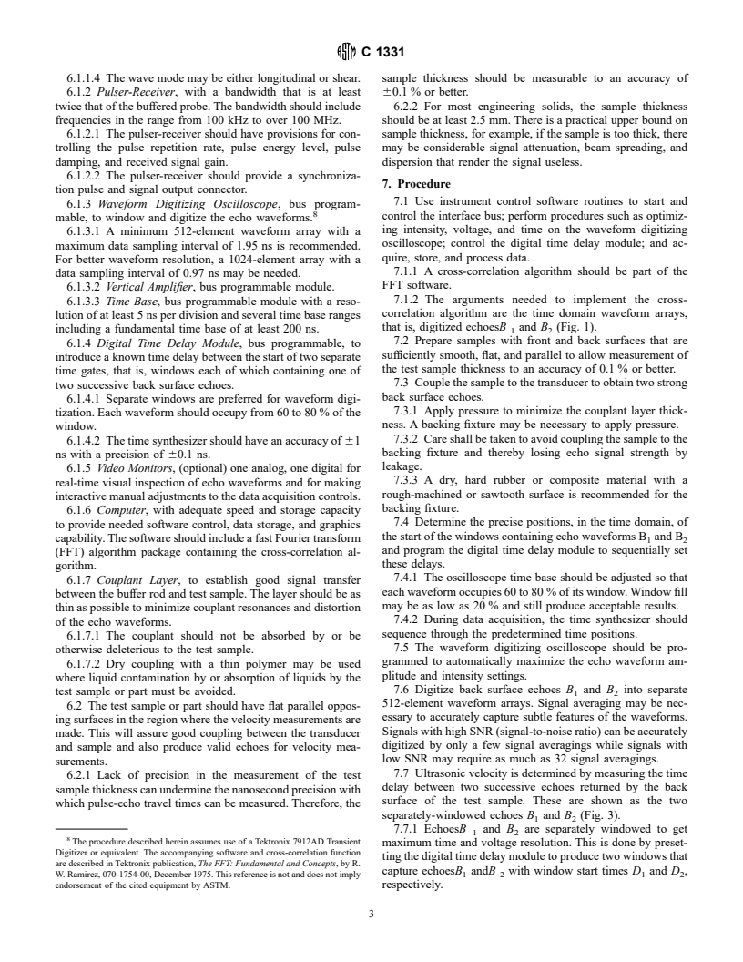 ASTM C1331-96 - Standard Test Method for Measuring Ultrasonic Velocity in Advanced Ceramics with Broadband Pulse-Echo Cross-Correlation Method