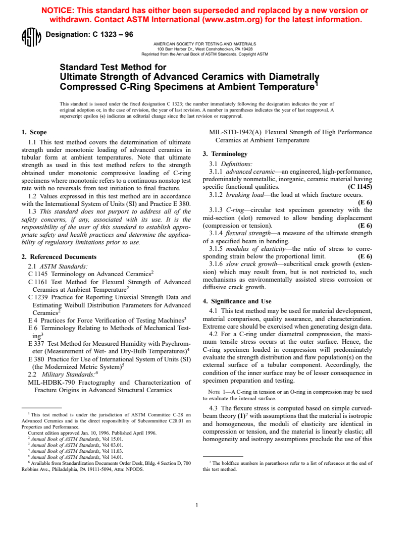 ASTM C1323-96 - Standard Test Method for Ultimate Strength of Advanced Ceramics with Diametrally Compressed C-Ring Specimens at Ambient Temperature