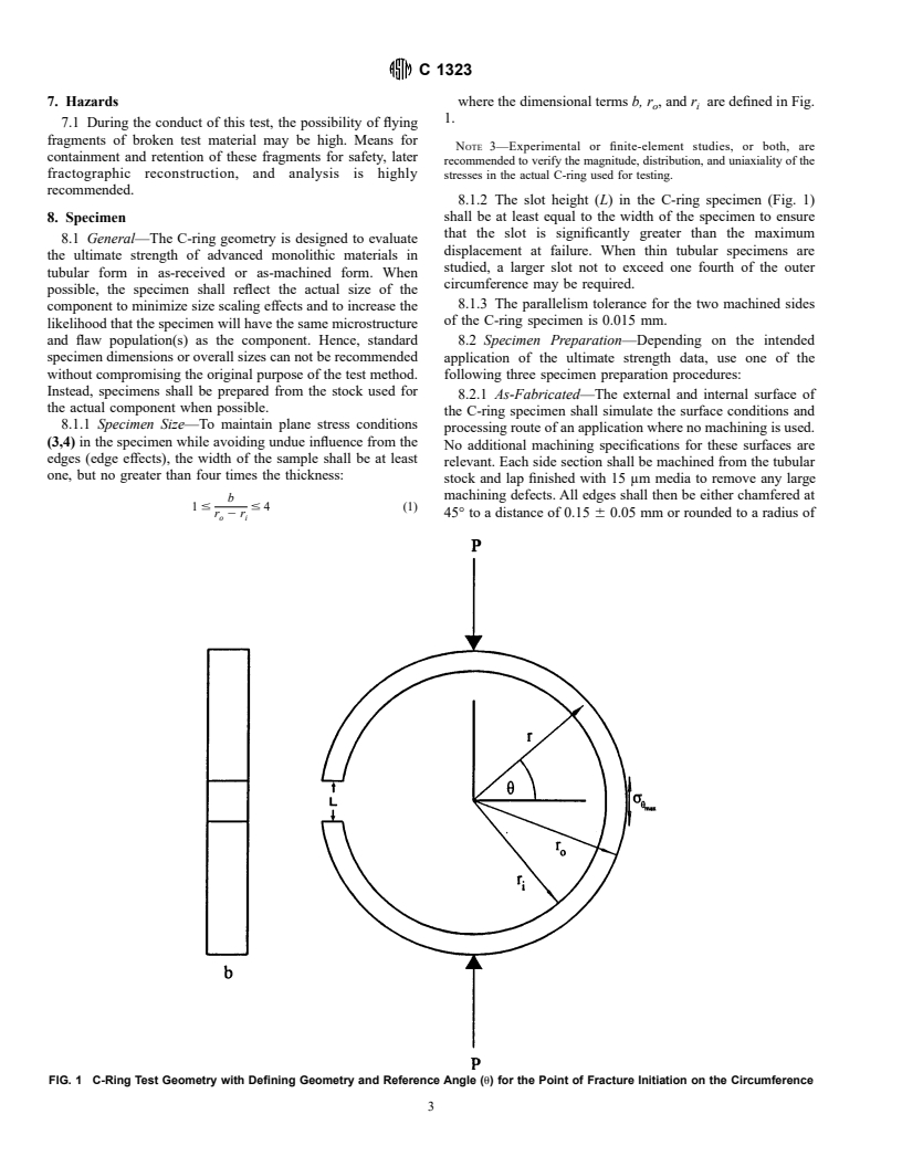 ASTM C1323-96 - Standard Test Method for Ultimate Strength of Advanced Ceramics with Diametrally Compressed C-Ring Specimens at Ambient Temperature