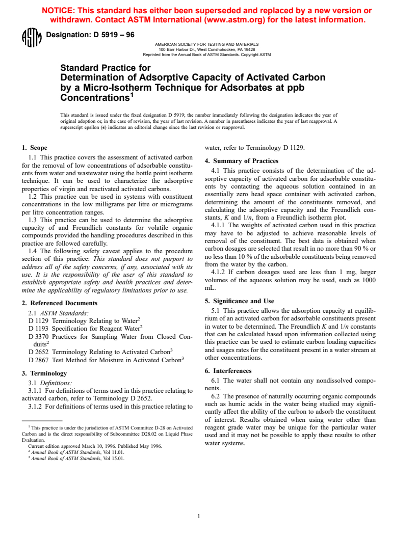 ASTM D5919-96 - Standard Practice for Determination of Adsorptive Capacity of Activated Carbon by a Micro-Isotherm Technique for Adsorbates at ppb Concentrations