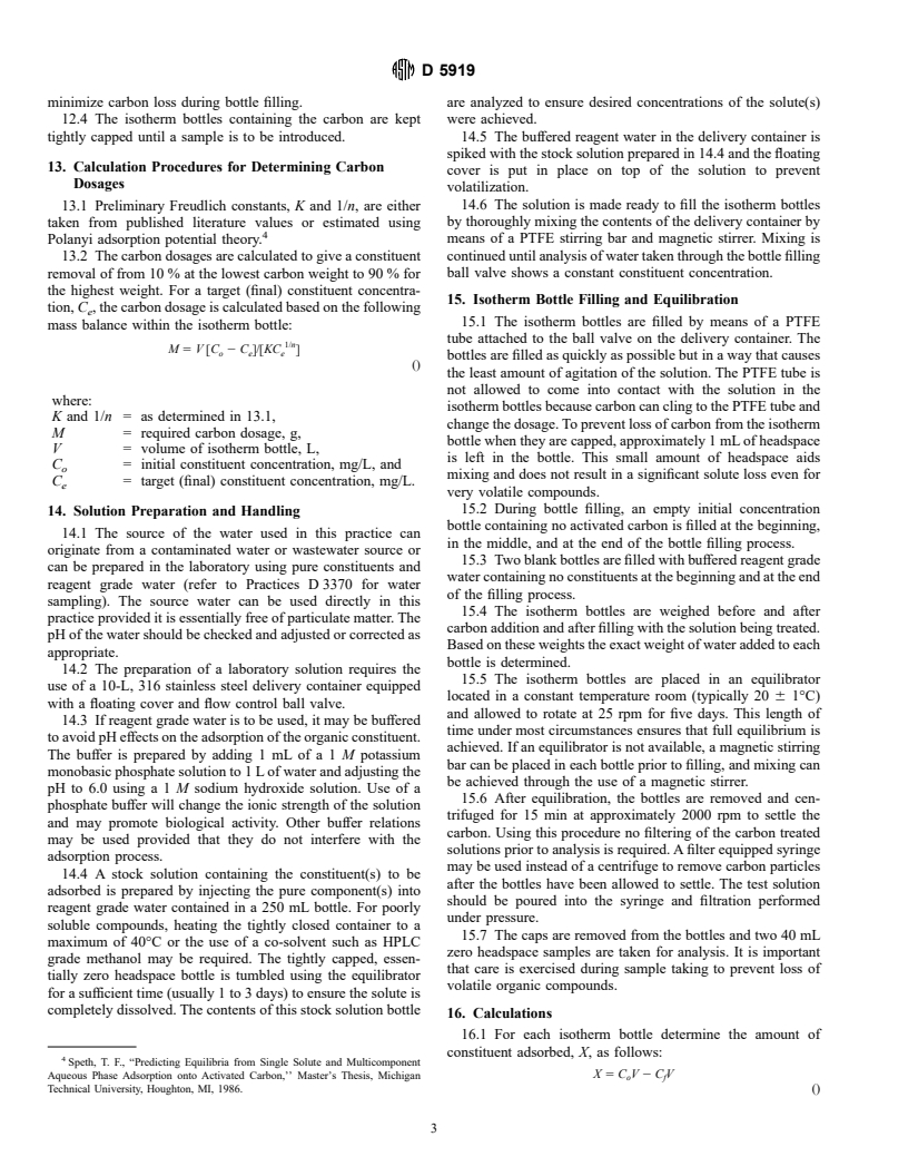 ASTM D5919-96 - Standard Practice for Determination of Adsorptive Capacity of Activated Carbon by a Micro-Isotherm Technique for Adsorbates at ppb Concentrations