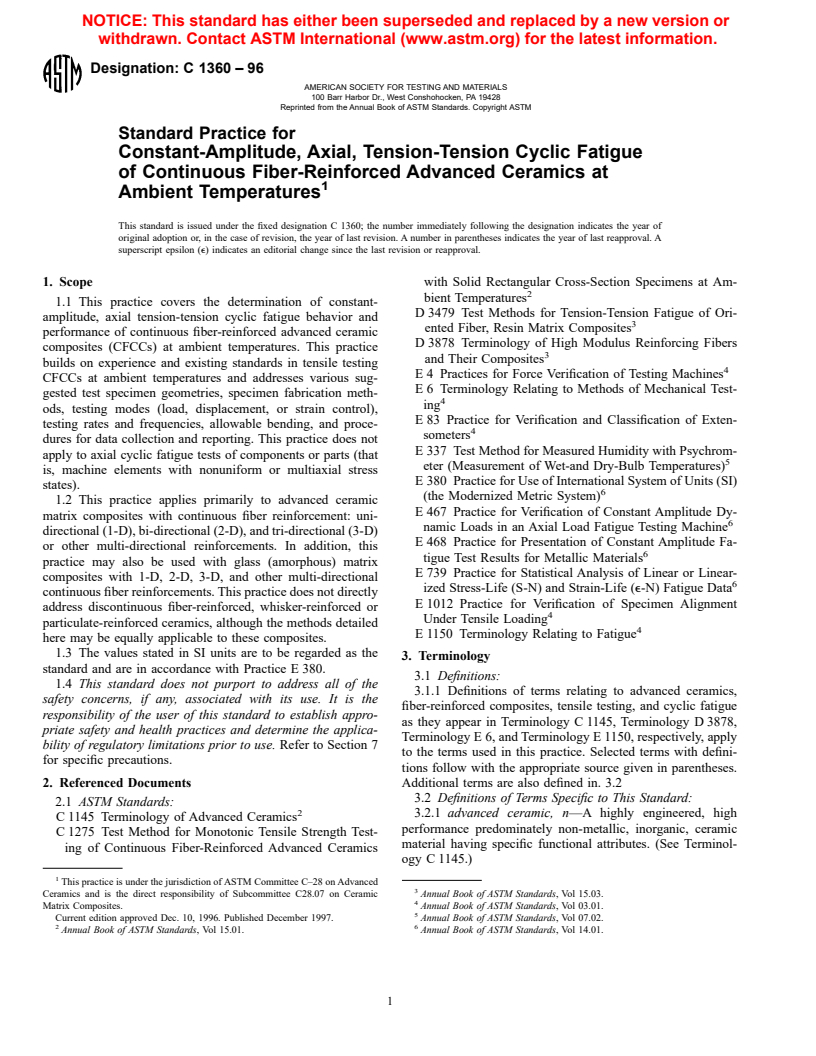 ASTM C1360-96 - Standard Practice for Constant-Amplitude, Axial, Tension-Tension Cyclic Fatigue of Continuous Fiber-Reinforced Advanced Ceramics at Ambient Temperatures