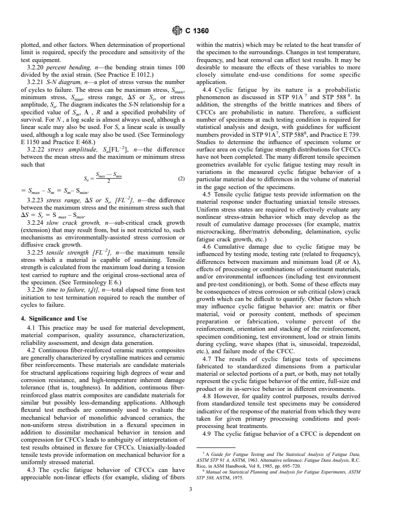 ASTM C1360-96 - Standard Practice for Constant-Amplitude, Axial, Tension-Tension Cyclic Fatigue of Continuous Fiber-Reinforced Advanced Ceramics at Ambient Temperatures