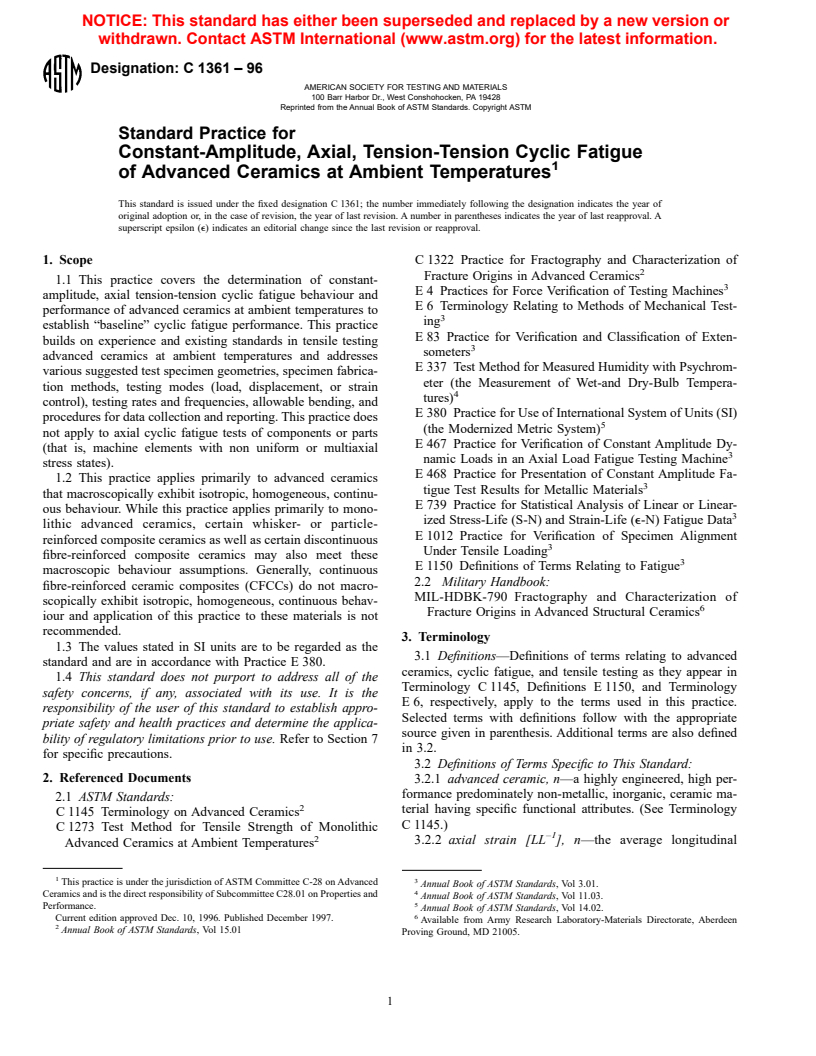 ASTM C1361-96 - Standard Practice for Constant-Amplitude, Axial Tension-Tension Cyclic Fatigue of Advanced Ceramics at Ambient Temperatures