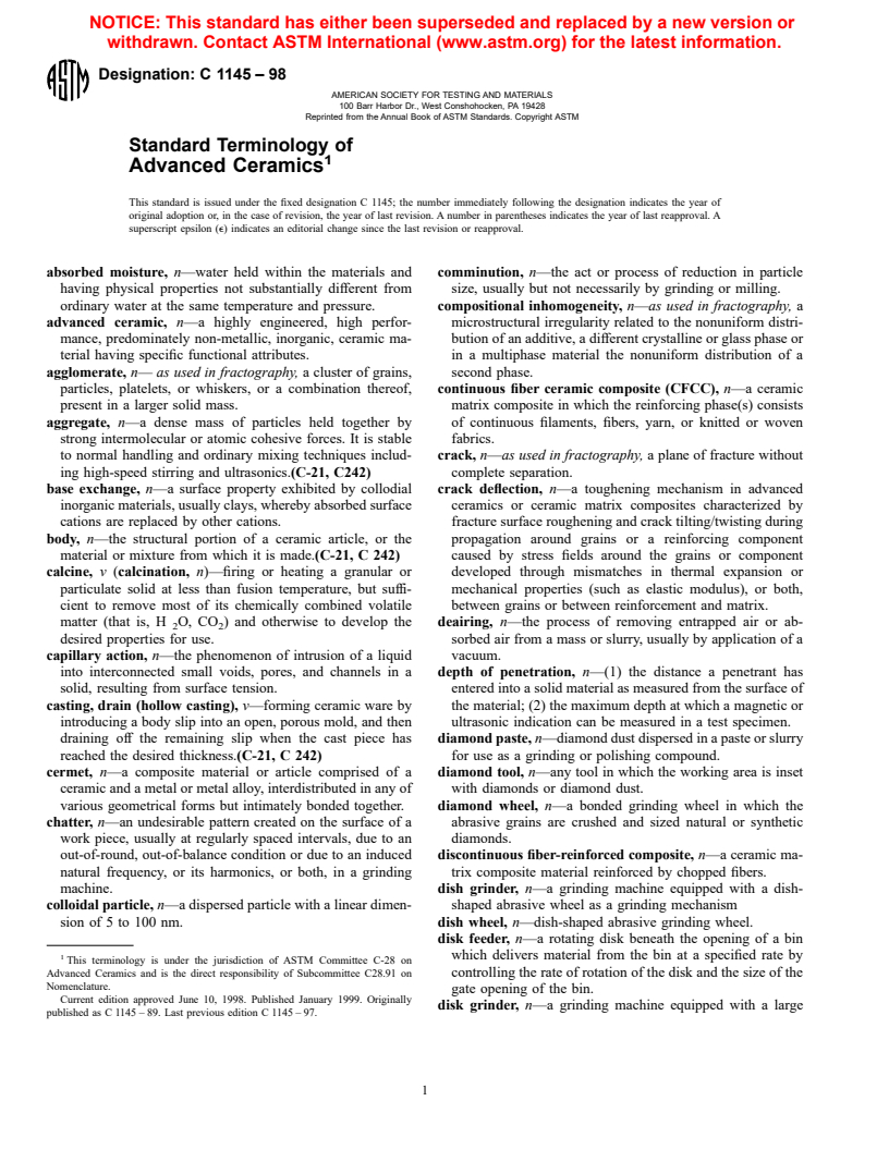 ASTM C1145-98 - Standard Terminology of Advanced Ceramics