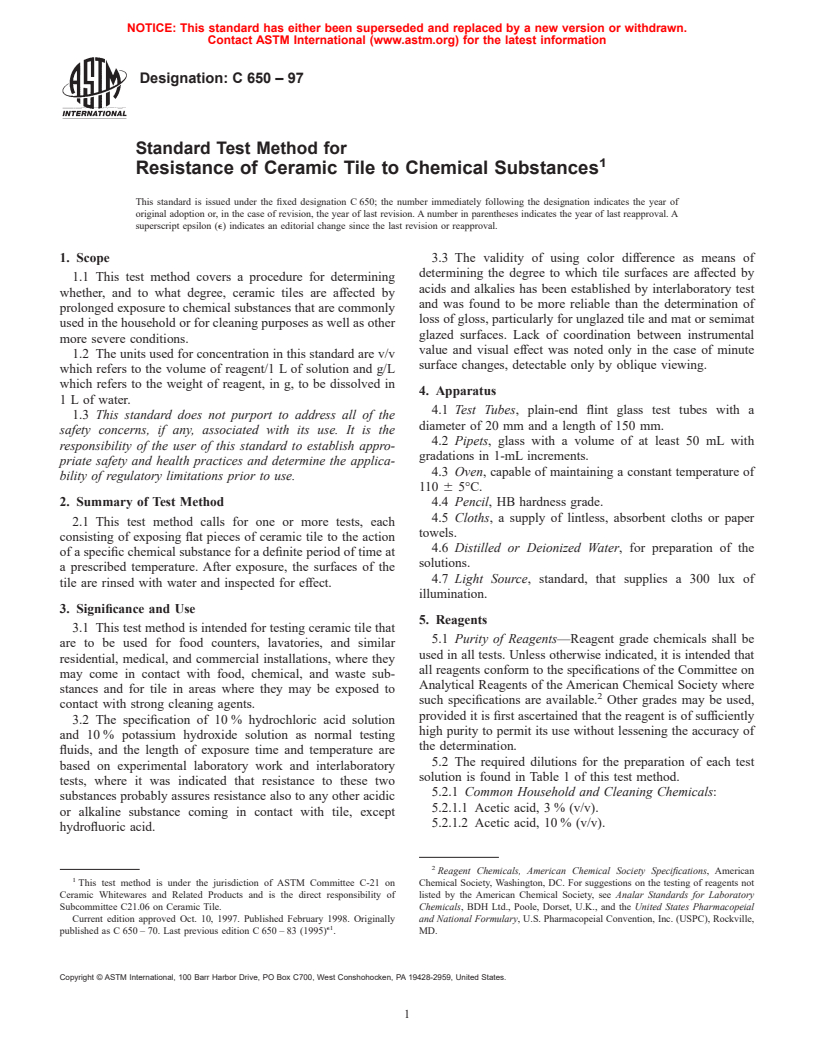 ASTM C650-97 - Standard Test Method for Resistance of Ceramic Tile to Chemical Substances