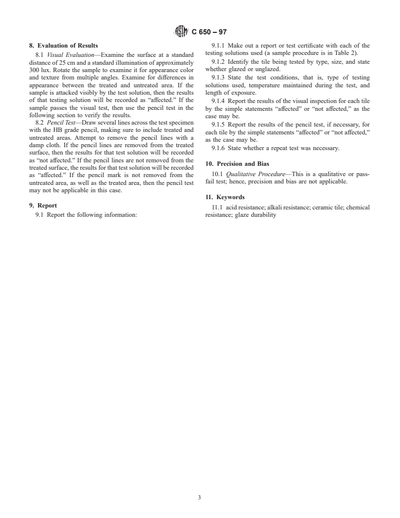 ASTM C650-97 - Standard Test Method for Resistance of Ceramic Tile to Chemical Substances