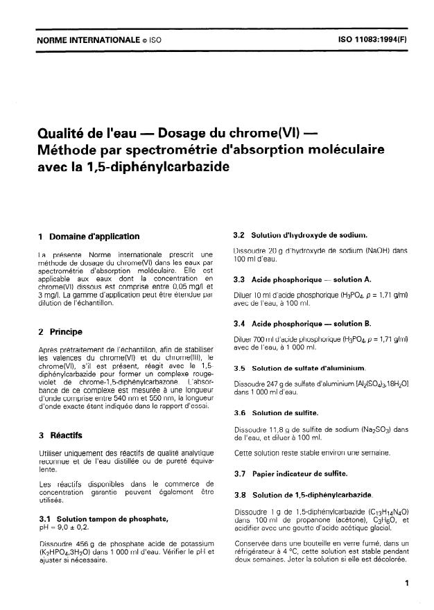 ISO 11083:1994 - Qualité de l'eau -- Dosage du chrome(VI) -- Méthode par spectrométrie d'absorption moléculaire avec la 1,5-diphénylcarbazide
