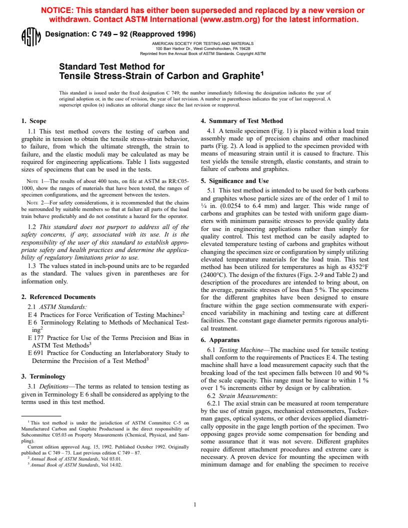 ASTM C749-92(1996) - Standard Test Method for Tensile Stress-Strain of Carbon and Graphite