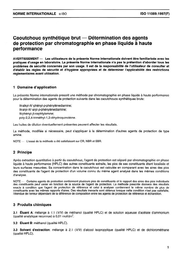 ISO 11089:1997 - Caoutchouc synthétique brut -- Détermination des agents de protection par chromatographie en phase liquide a haute performance