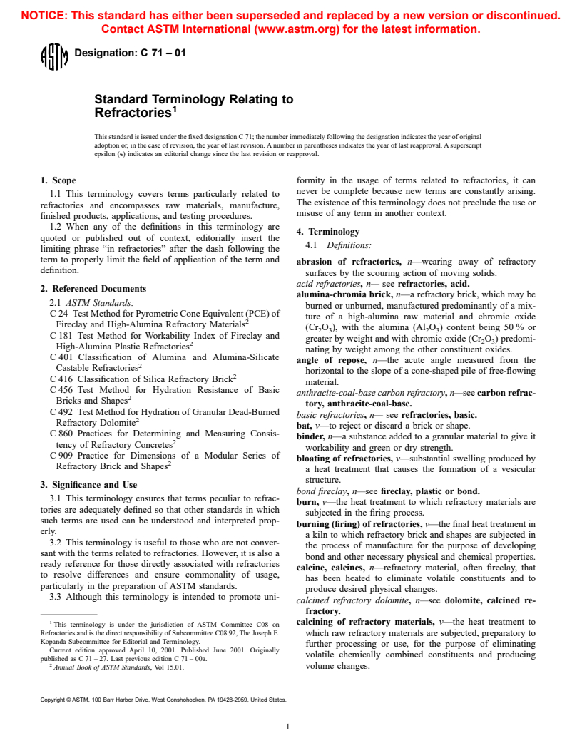 ASTM C71-01 - Standard Terminology Relating to Refractories