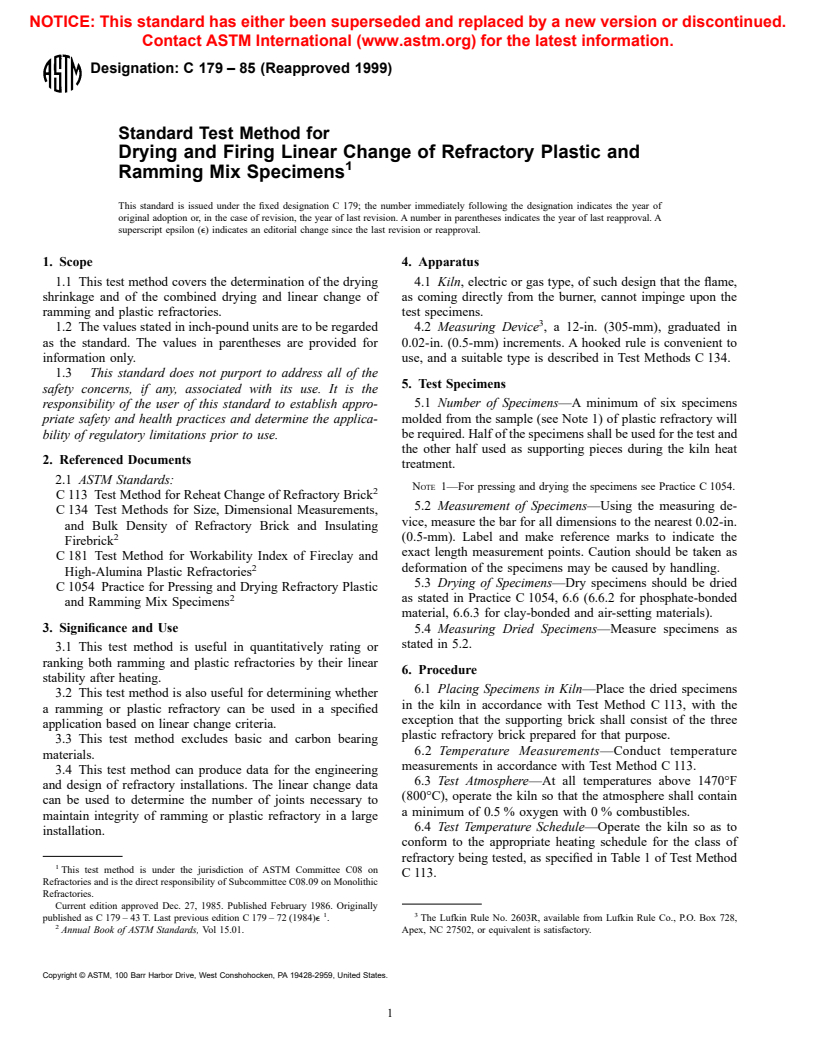 ASTM C179-85(1999) - Standard Test Method for Drying and Firing Linear Change of Refractory Plastic and Ramming Mix Specimens