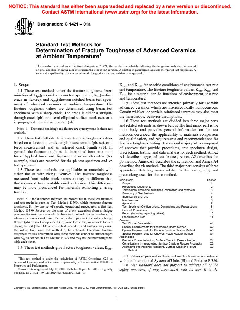 ASTM C1421-01a - Standard Test Methods for Determination of Fracture Toughness of Advanced Ceramics at Ambient Temperatures