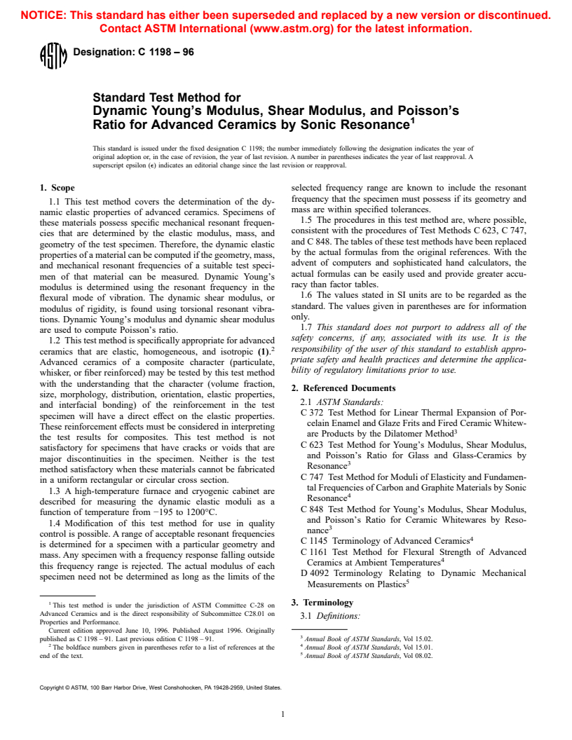 ASTM C1198-96 - Standard Test Method for Dynamic Young's Modulus, Shear Modulus, and Poisson's Ratio for Advanced Ceramics by Sonic Resonance