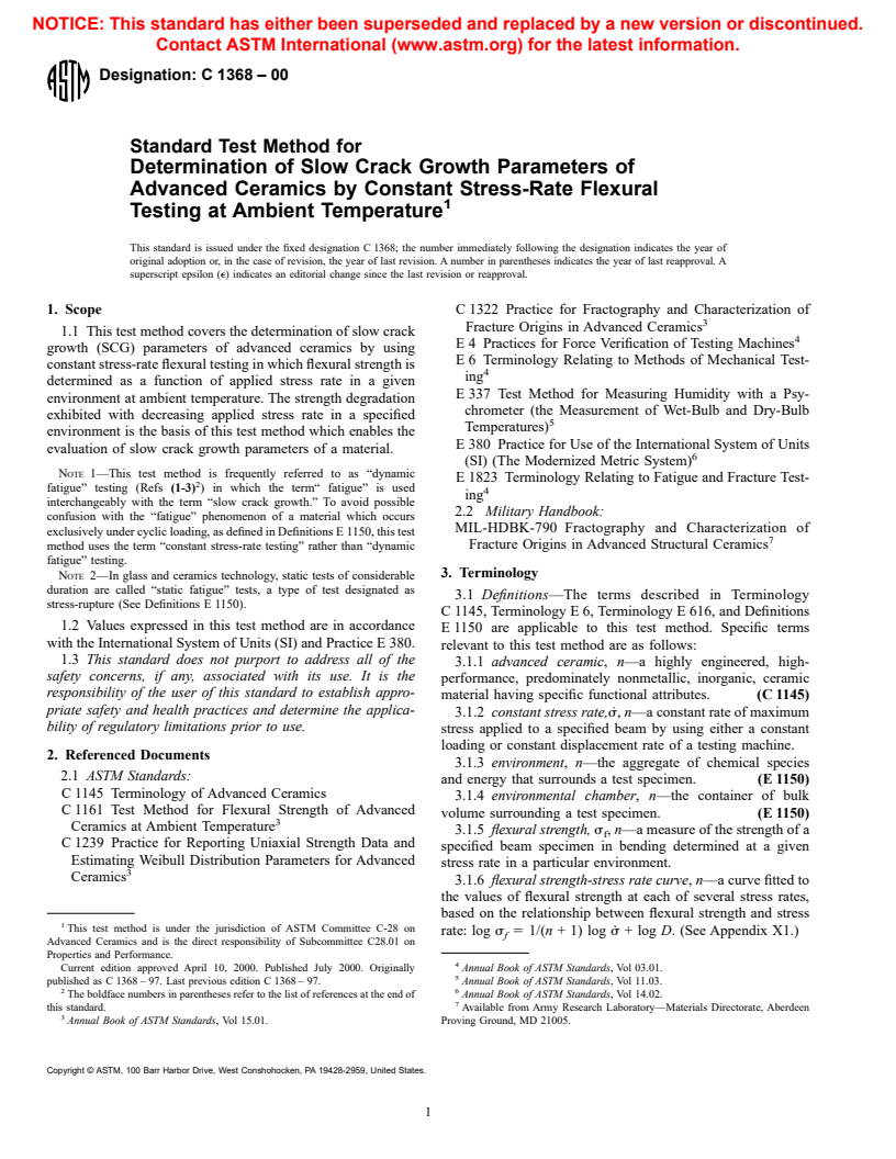 ASTM C1368-00 - Standard Test Method for Determination of Slow Crack Growth Parameters of Advanced Ceramics by Constant Stress-Rate Flexural Testing at Ambient Temperature