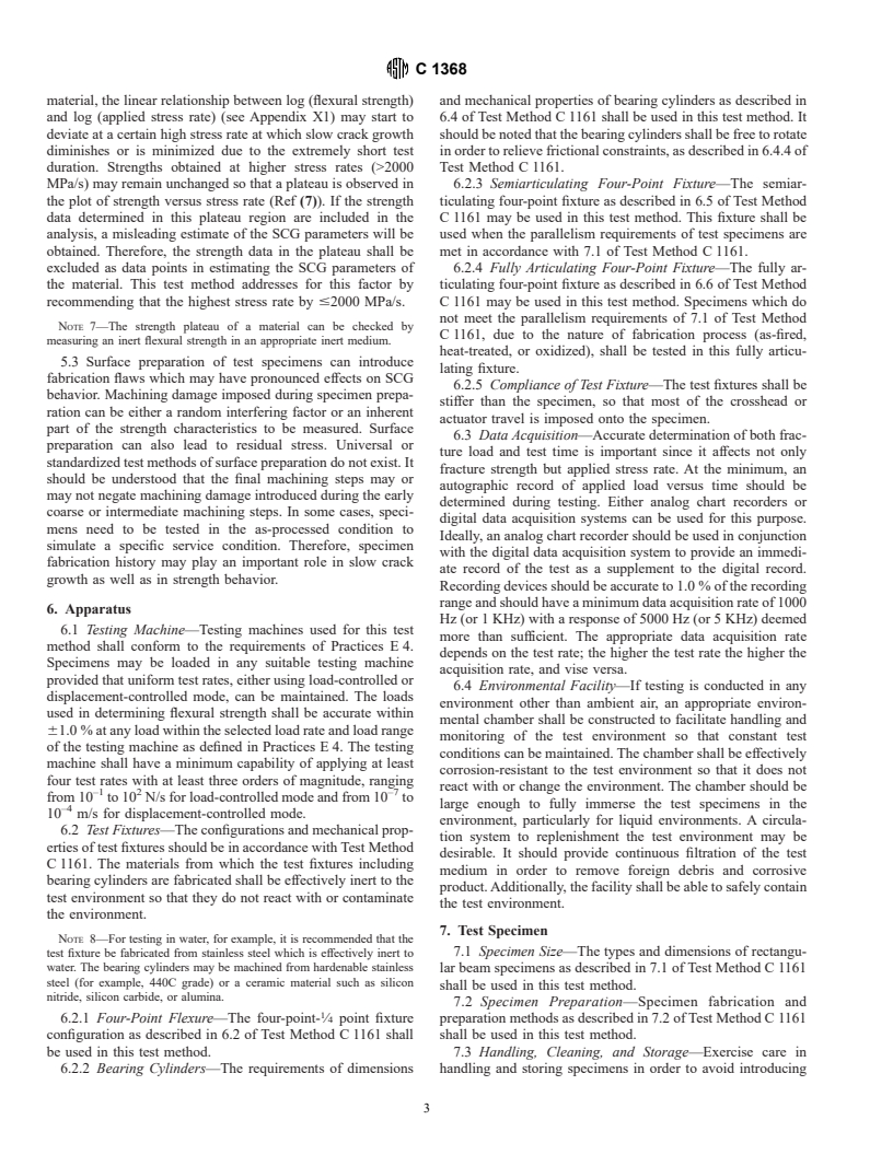 ASTM C1368-00 - Standard Test Method for Determination of Slow Crack Growth Parameters of Advanced Ceramics by Constant Stress-Rate Flexural Testing at Ambient Temperature