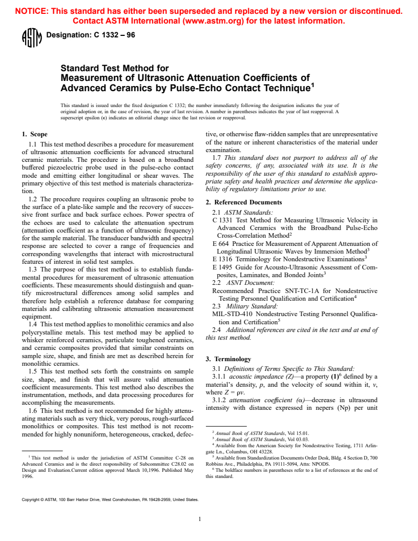 ASTM C1332-96 - Standard Test Method for Measurement of Ultrasonic Attenuation Coefficients of Advanced Ceramics by Pulse-Echo Contact Technique