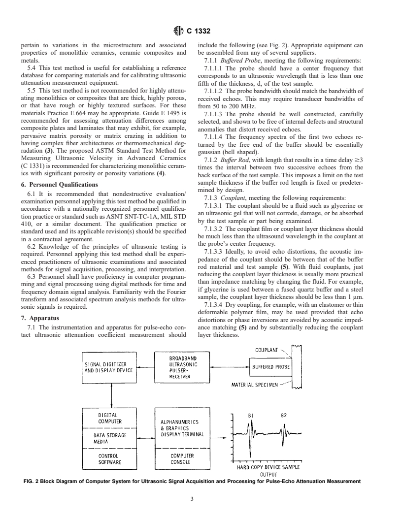 ASTM C1332-96 - Standard Test Method for Measurement of Ultrasonic Attenuation Coefficients of Advanced Ceramics by Pulse-Echo Contact Technique