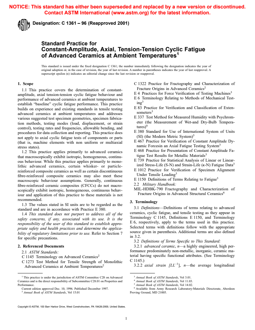 ASTM C1361-96(2001) - Standard Practice for Constant-Amplitude, Axial Tension-Tension Cyclic Fatigue of Advanced Ceramics at Ambient Temperatures