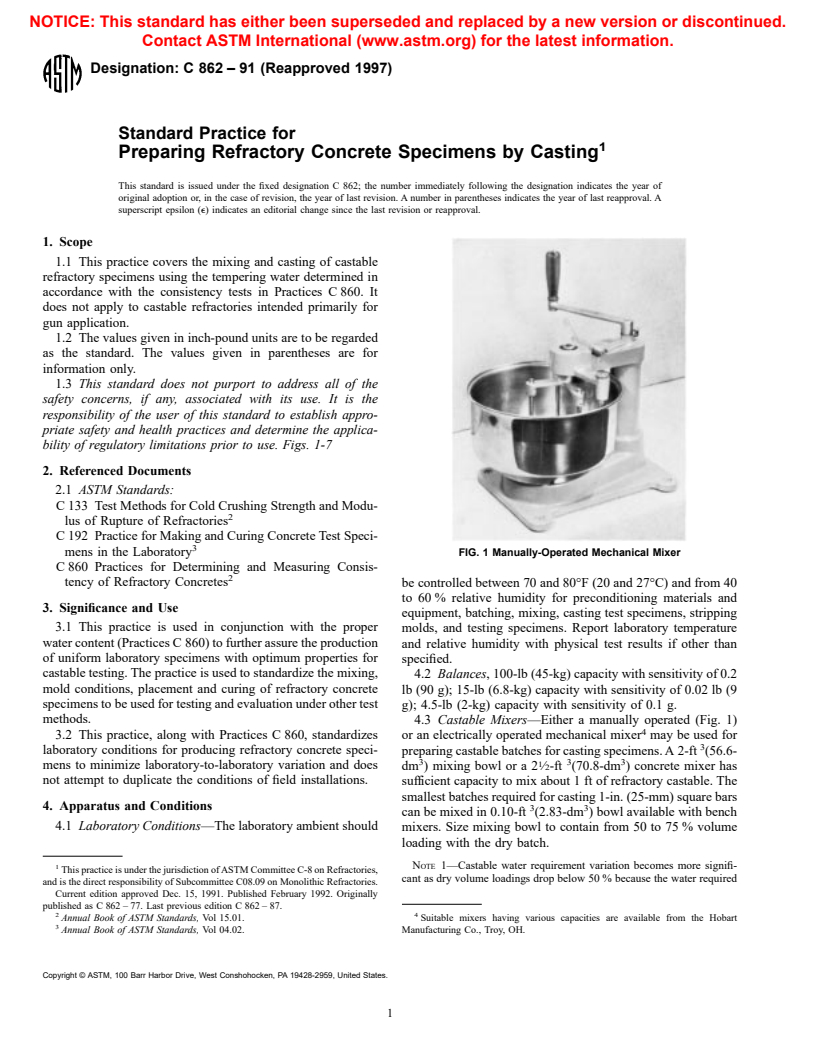 ASTM C862-91(1997) - Standard Practice for Preparing Refractory Concrete Specimens by Casting