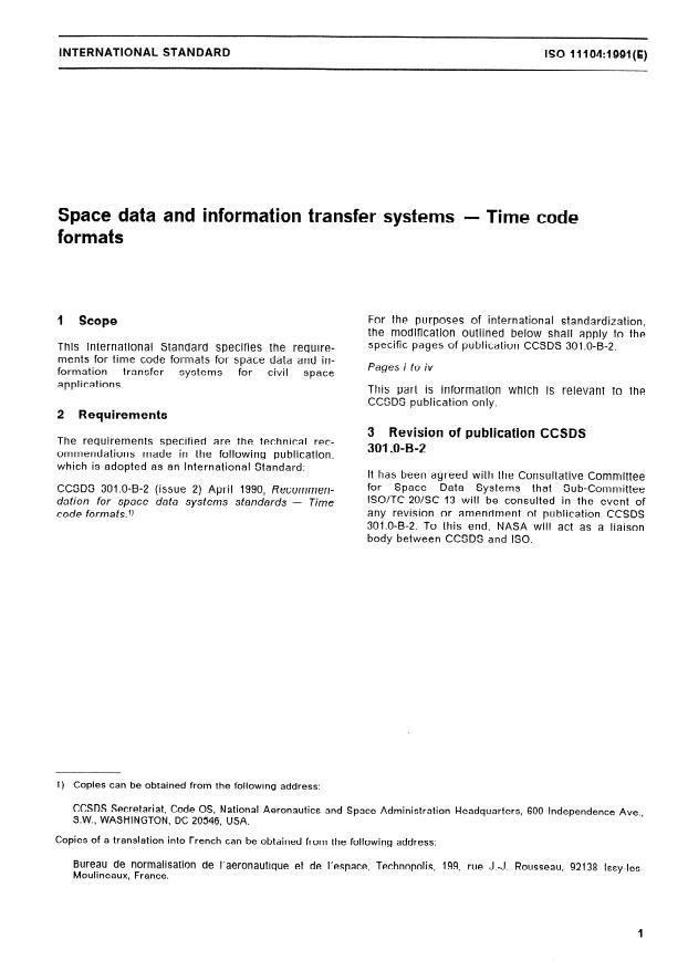 ISO 11104:1991 - Space data and information transfer systems -- Time code formats