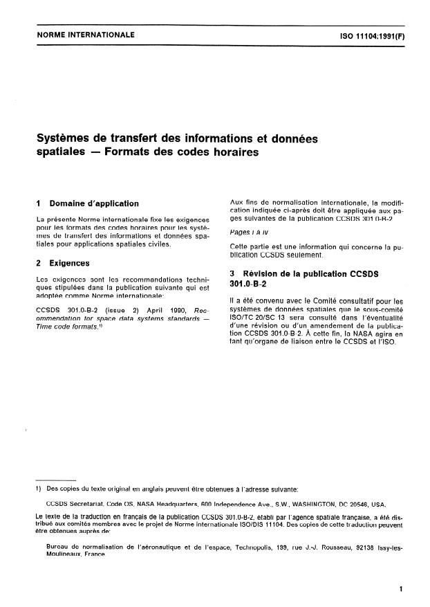 ISO 11104:1991 - Systemes de transfert des informations et données spatiales -- Formats des codes horaires
