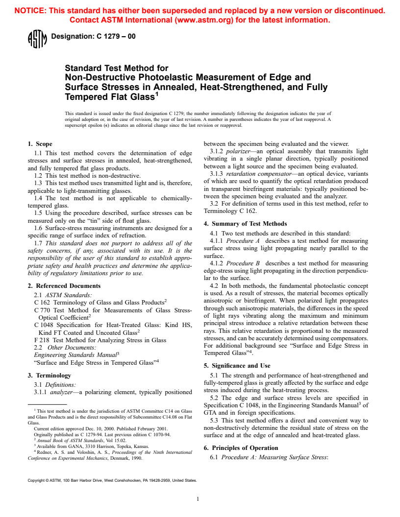 ASTM C1279-00 - Standard Test Method for Non-Destructive Photoelastic Measurement of Edge and Surface Stresses in Annealed, Heat-Strengthened, and Fully Tempered Flat Glass