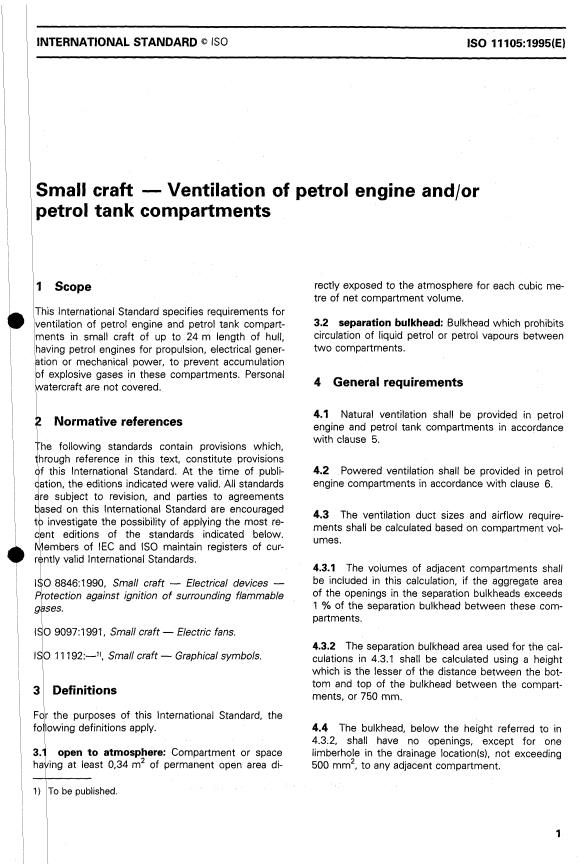 ISO 11105:1995 - Small craft -- Ventilation of petrol engine and/or petrol tank compartments
