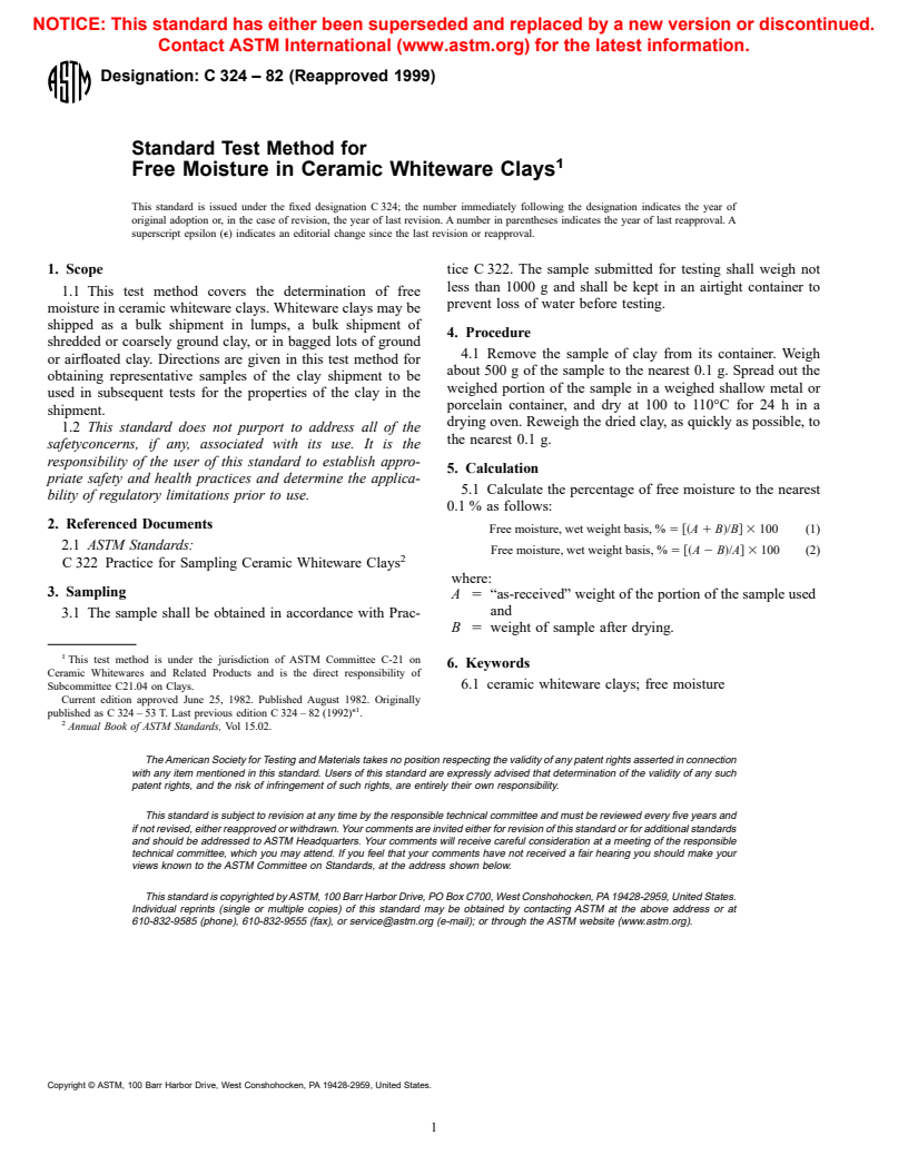 ASTM C324-82(1999) - Standard Test Method for Free Moisture in Ceramic Whiteware Clays