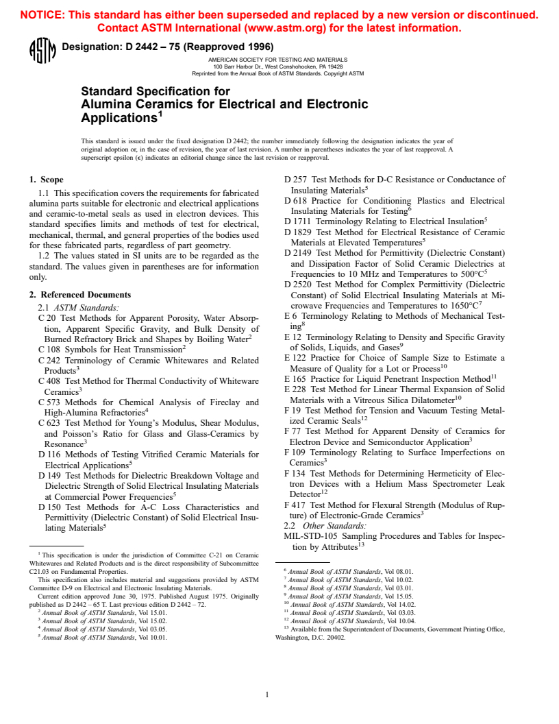 ASTM D2442-75(1996) - Standard Specification for Alumina Ceramics for Electrical and Electronic Applications