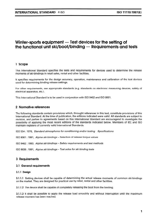 ISO 11110:1997 - Winter-sports equipment -- Test devices for the setting of the functional unit ski/boot/binding -- Requirements and tests