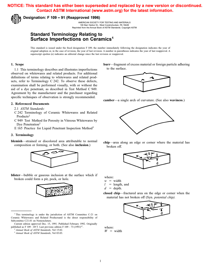 ASTM F109-91(1996) - Standard Terminology Relating to Surface Imperfections on Ceramics