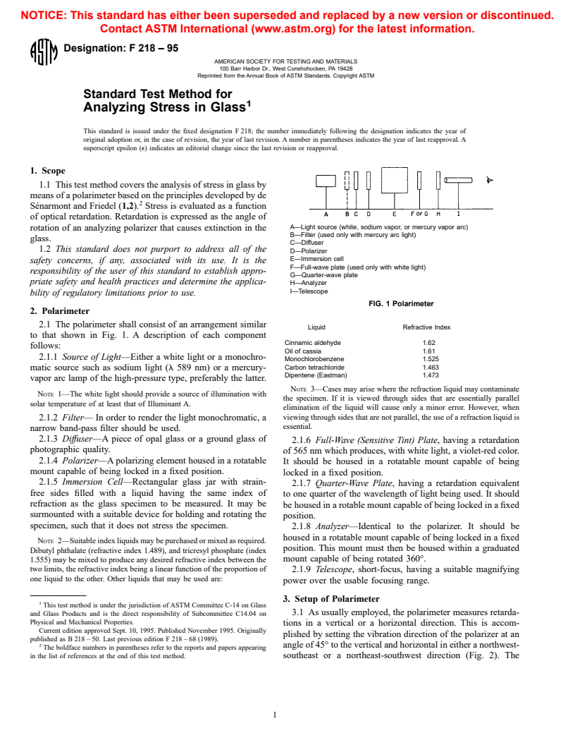 ASTM F218-95 - Standard Test Method for Analyzing Stress in Glass