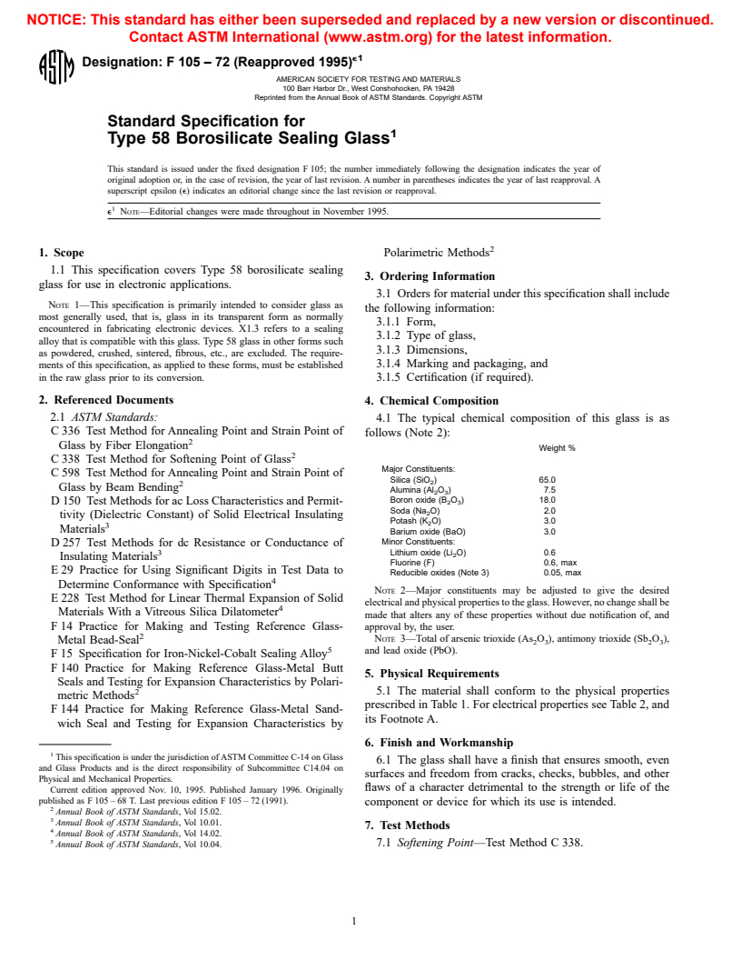 ASTM F105-72(1995)e1 - Standard Specification for Type 58 Borosilicate Sealing Glass